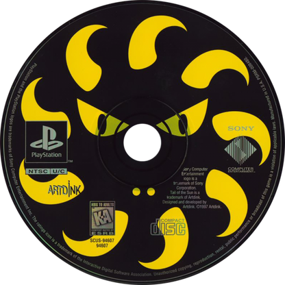 Tail of the Sun PlayStation 1 PS1 for survival adventure retro video game fans featuring prehistoric exploration open world gameplay resource gathering primitive tribes dinosaur encounters unique sandbox experience collectible gaming appeal disc