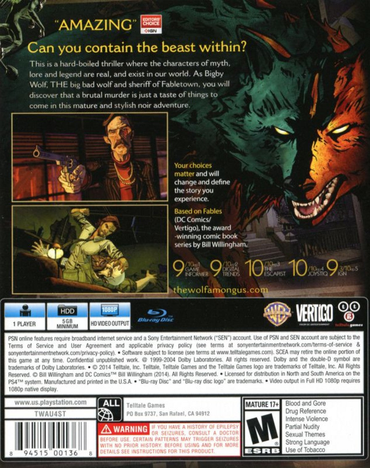 Wolf Among Us – PlayStation 4 (PS4) video game back of case, episodic interactive adventure