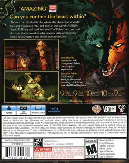 Wolf Among Us – PlayStation 4 (PS4) video game back of case, episodic interactive adventure