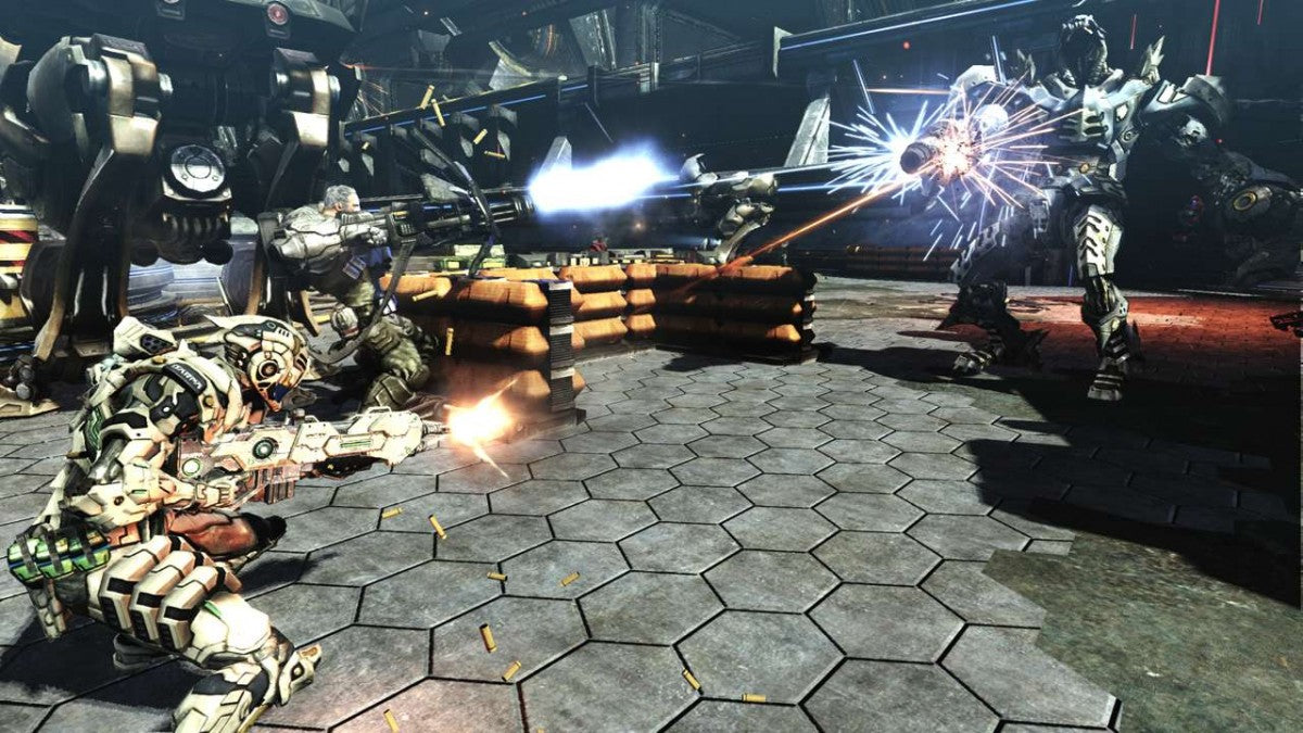 Retro Vanquish Xbox 360 inspired design featuring high speed sci fi third person shooter aesthetic vintage HD era futuristic powered armor sliding combat bullet time action explosive robot warfare sleek industrial sci fi battlefield nostalgic PlatinumGames presentation gameplay