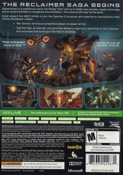Halo 4 Xbox 360 first-person shooter video game 343 Industries Master Chief returns UNSC Infinity Forerunner planet Requiem Covenant Promethean enemies new saga Spartan-IV loadouts multiplayer modes Spartan Ops episodic co-op story back cover