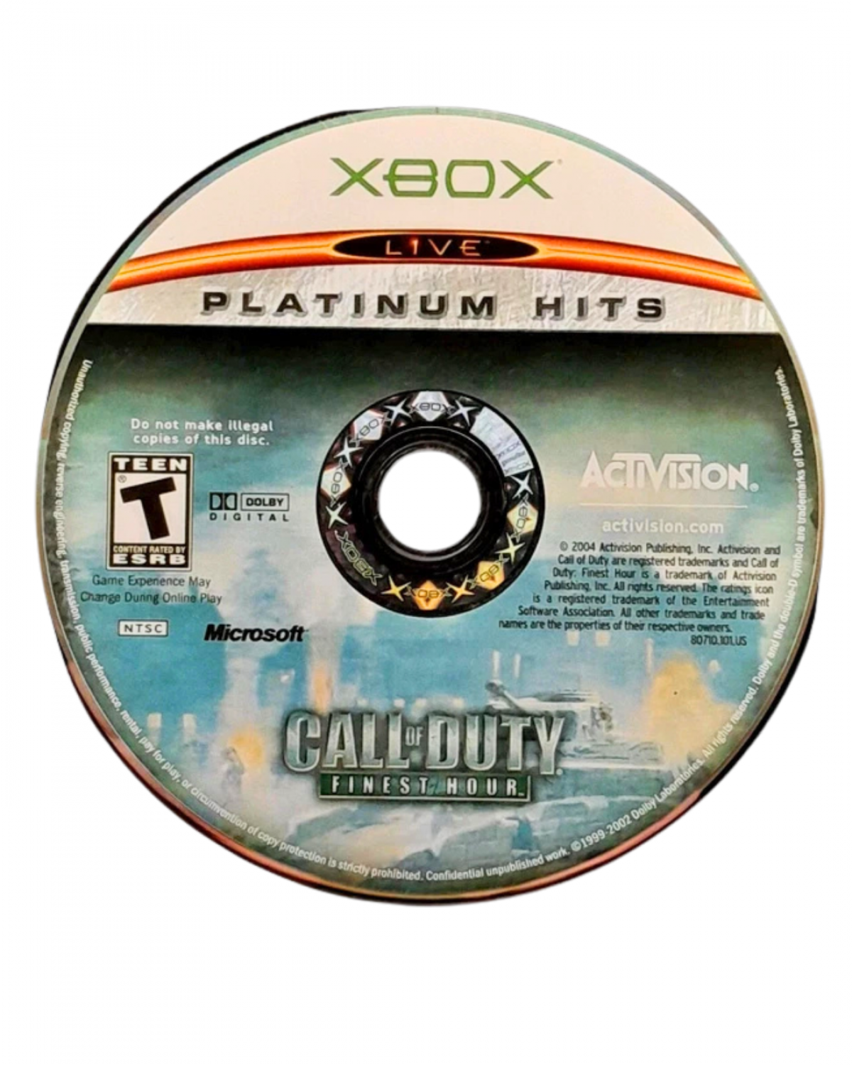 Call of Duty Finest Hour Platinum Hits for Xbox with World War II themed action visuals disc