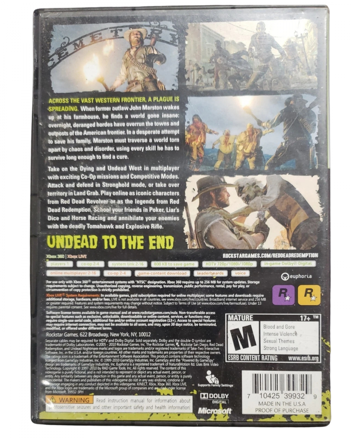 Red Dead Redemption: Undead Nightmare [Platinum Hits] for Xbox 360 (X360) at Gamers INC, featuring the critically acclaimed supernatural expansion that transforms the American frontier into a zombie-infested wasteland, where John Marston must find a cure for the plague through a new single-player campaign, mythic creature hunts, and intense "Undead Overrun" multiplayer modes in a definitive Platinum Hits release back cover 