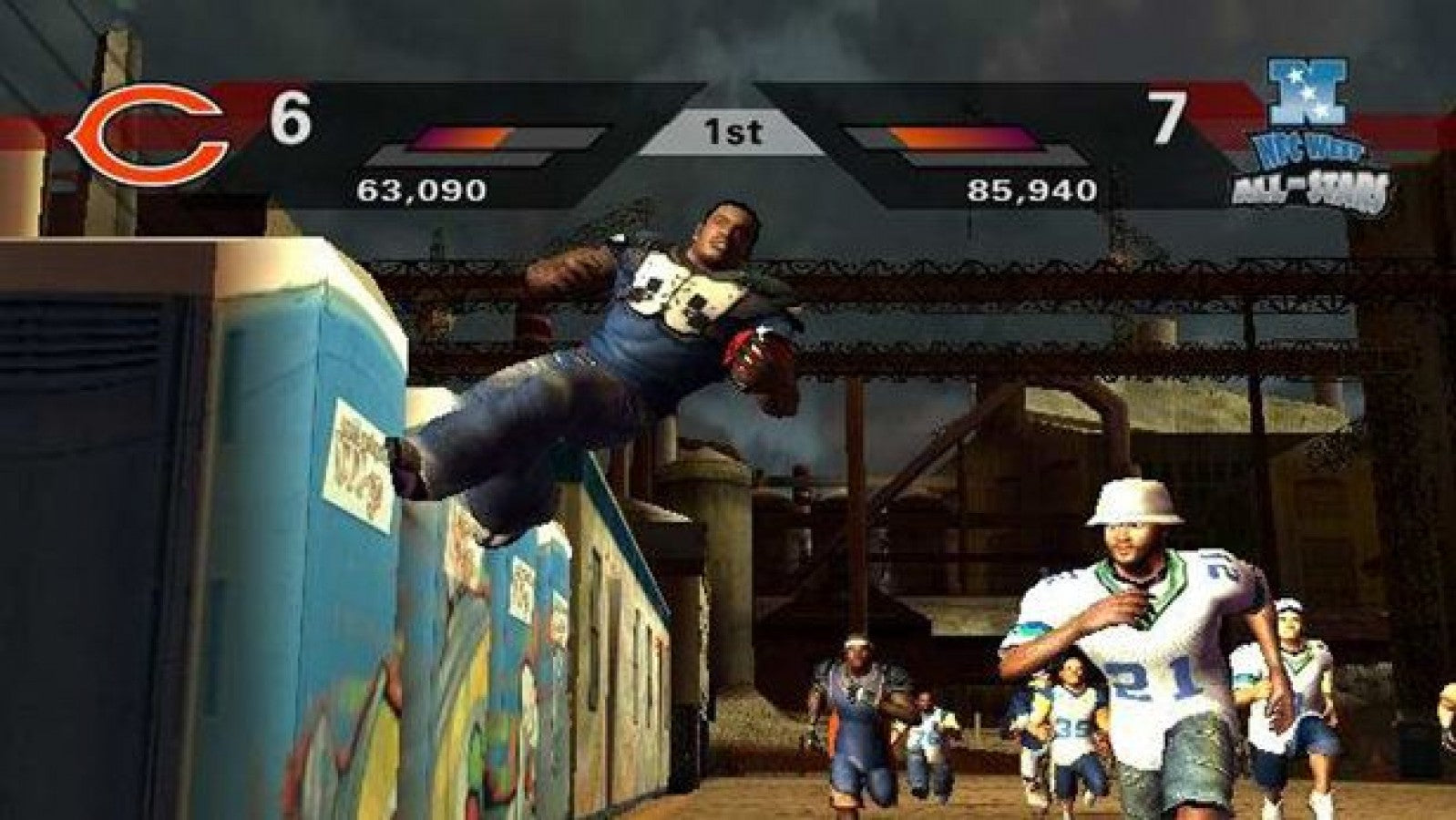 Retro NFL Street 2 PS2 inspired design featuring arcade football action aesthetic vintage PlayStation 2 street style gameplay exaggerated tackles trick plays urban sports culture fast paced multiplayer competition iconic EA Sports BIG presentation nostalgic football gaming energy - gameplay