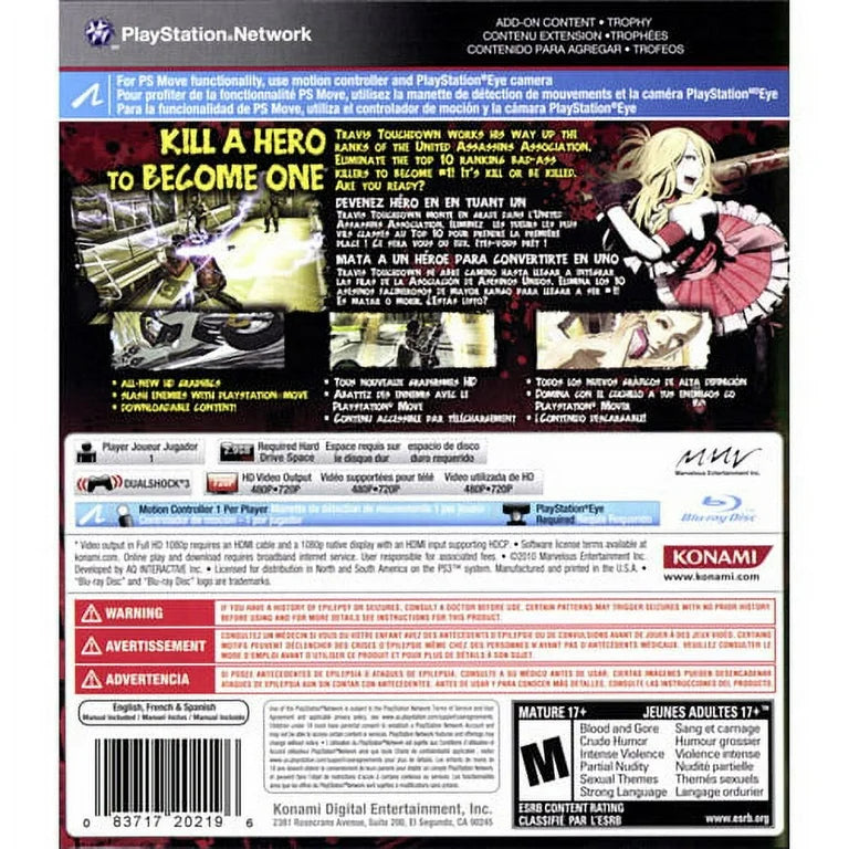 No More Heroes Heroes’ Paradise back cover art for PlayStation 3 game featuring stylized hack-and-slash action and over-the-top combat gameplay 