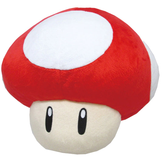 Super Mushroom pillow featuring iconic Super Mario power up design soft plush cushion official Nintendo themed home decor collectible and gaming room accent