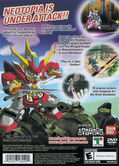 SD Gundam Force Showdown – PlayStation 2 (PS2) video game back of case, action-shooter game.