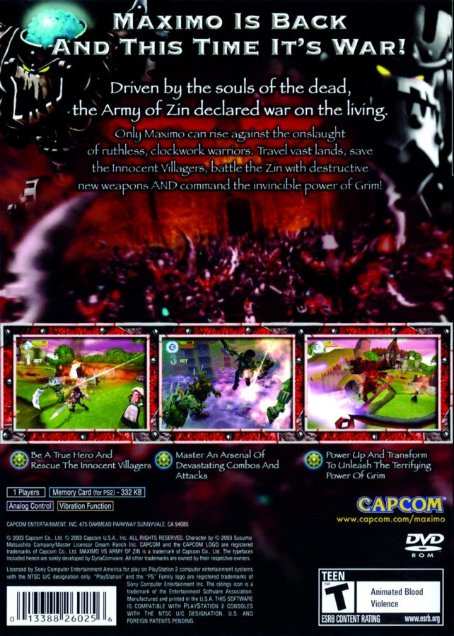 Maximo vs Army of Zin PS2 Sony PlayStation 2 action platformer hack and slash game Capcom sequel armored knight combat undead robot army dungeon exploration challenging gameplay retro gaming PlayStation 2 software video game title back cover art