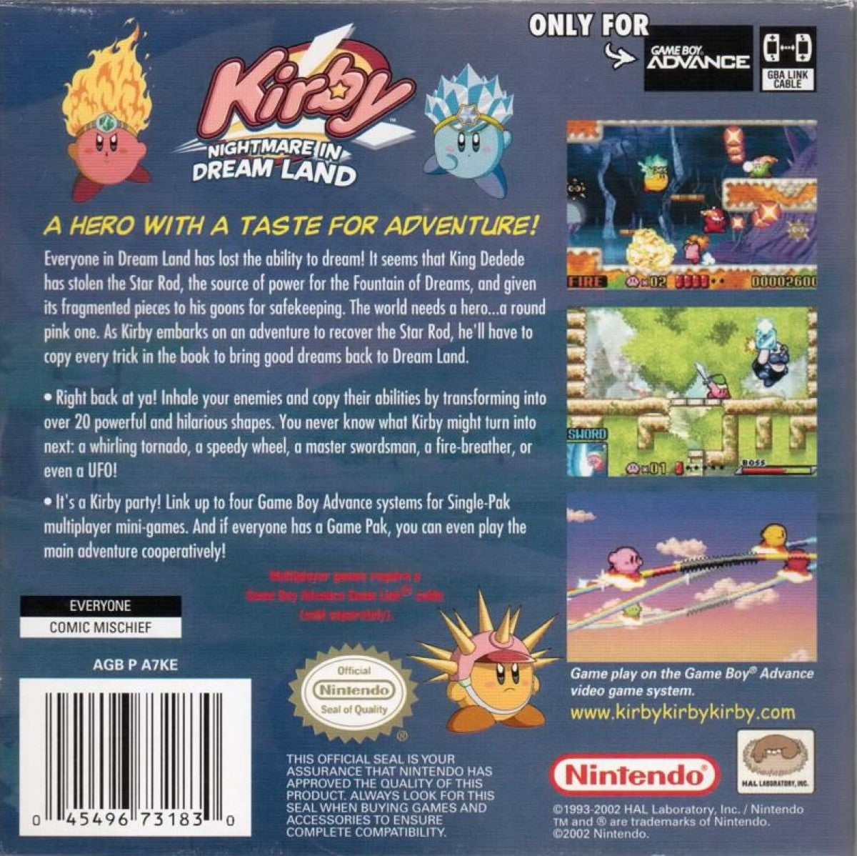 Kirby: Nightmare in Dreamland back cover art for Game Boy Advance game only featuring classic side-scrolling platformer action and colorful Kirby gameplay 