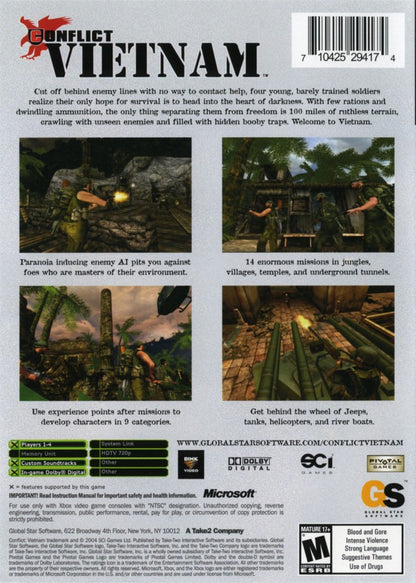 Conflict Vietnam for Xbox tactical military shooter video game featuring squad based combat Vietnam War missions strategic gameplay and immersive third person battlefield experience back cover art