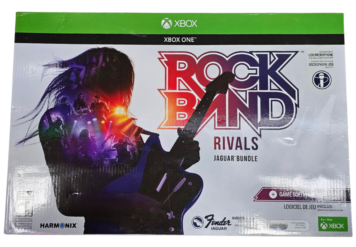 Rock Band Rivals Guitar Bundle Sealed Xbox One XONE video game and accessory bundle featuring rhythm music gameplay guitar controller instrument peripheral rock music performance hit songs band challenges multiplayer party gaming competitive leaderboards guitar strumming note matching rhythm based action sealed packaging collectible Xbox One gaming bundle music game accessory retro video game collection collectible gaming appeal front box