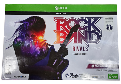 Rock Band Rivals Guitar Bundle Sealed Xbox One XONE video game and accessory bundle featuring rhythm music gameplay guitar controller instrument peripheral rock music performance hit songs band challenges multiplayer party gaming competitive leaderboards guitar strumming note matching rhythm based action sealed packaging collectible Xbox One gaming bundle music game accessory retro video game collection collectible gaming appeal front box