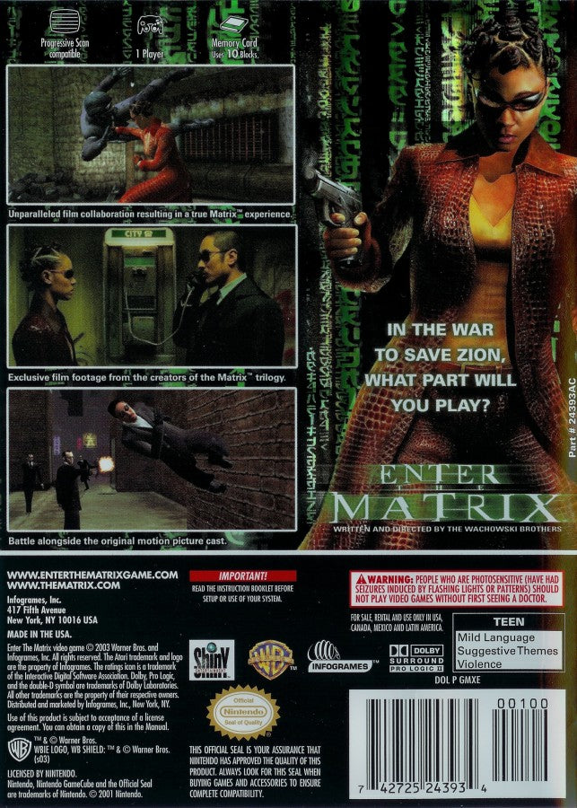 Enter the Matrix Player’s Choice edition game for the Nintendo GameCube featuring action adventure gameplay with martial arts combat gunplay and hacking segments alongside a story that ties into The Matrix Reloaded with cinematic sequences and dual character perspectives back cover