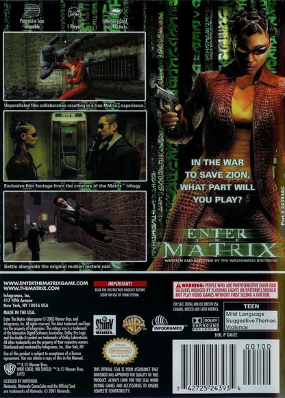 Enter the Matrix Player’s Choice edition game for the Nintendo GameCube featuring action adventure gameplay with martial arts combat gunplay and hacking segments alongside a story that ties into The Matrix Reloaded with cinematic sequences and dual character perspectives back cover