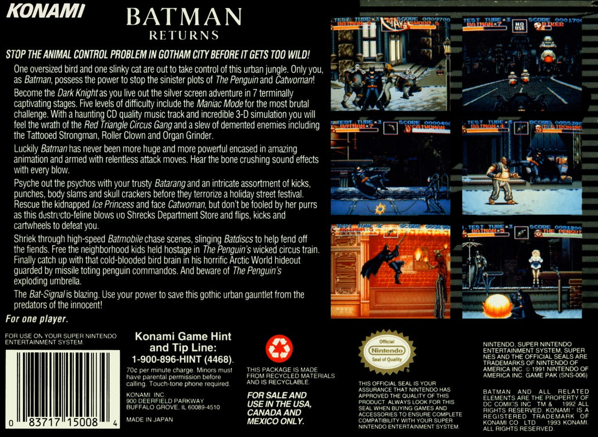 Batman Returns cartridge for the Super Nintendo Entertainment System featuring side scrolling beat em up gameplay with cinematic action as Batman battles the Penguin and Gotham City criminals based on the movie back cover art