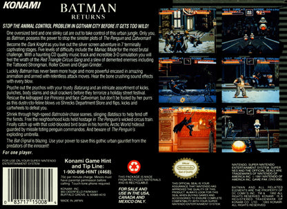 Batman Returns cartridge for the Super Nintendo Entertainment System featuring side scrolling beat em up gameplay with cinematic action as Batman battles the Penguin and Gotham City criminals based on the movie back cover art