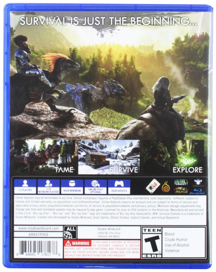 ARK Survival Evolved for retro video game enthusiasts featuring open world survival gameplay dinosaur taming and breeding resource gathering crafting systems base building mechanics multiplayer exploration prehistoric environments and collectible gaming appeal back cover