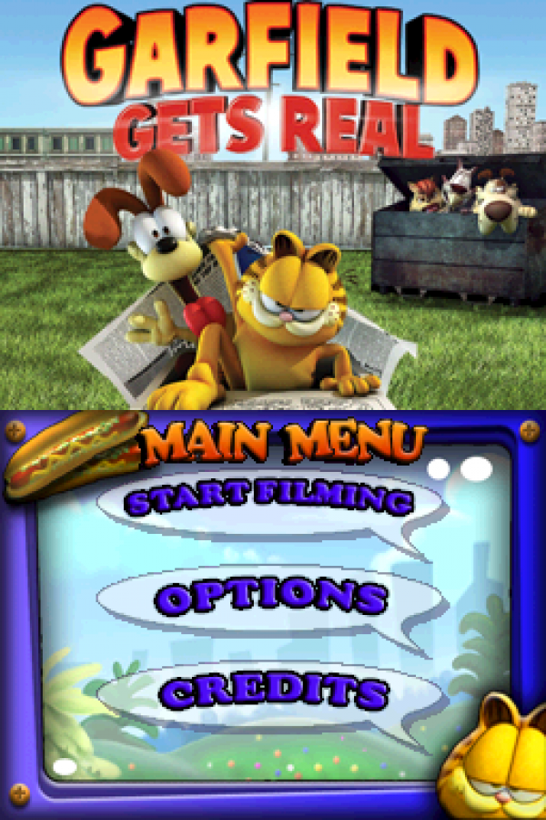 Garfield Gets Real start screen for Nintendo DS (DS) cartoon platforming adventure video game