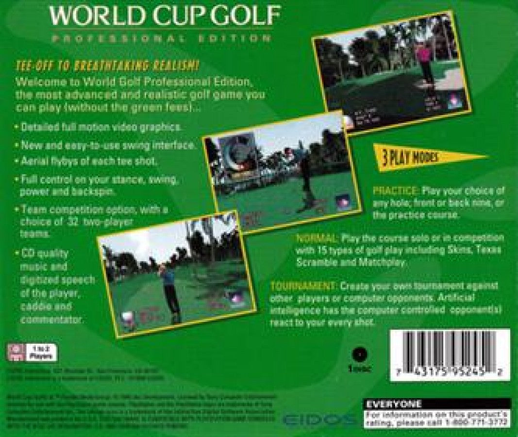 World Cup Golf [Professional Edition] back of case for PlayStation 1 (PS1) golf sports video game