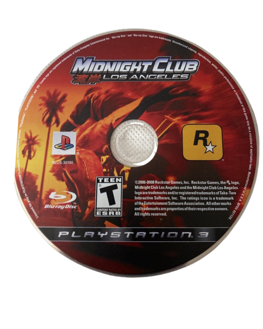 Disc of 'Midnight Club Los Angeles' for PlayStation 3 with a car and cityscape background.
