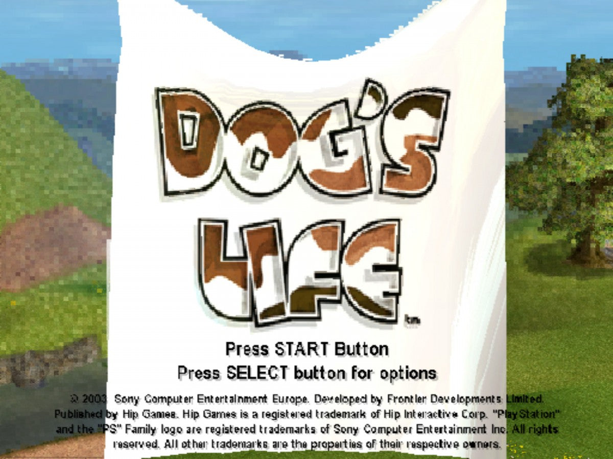 Dog’s Life PlayStation 2 PS2 video game, action adventure platformer, dog-themed exploration and mini-games, classic console title main menu title screen