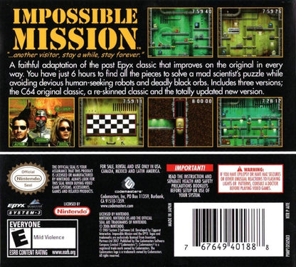 Impossible Mission back of case for Nintendo DS (DS) puzzle platforming adventure video game