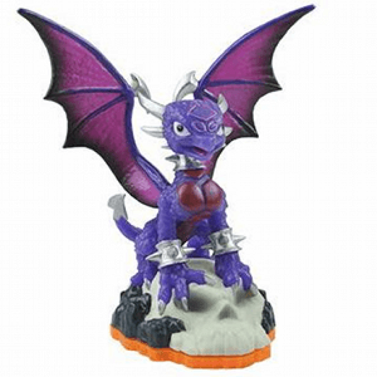 Cynder Series 2 Skylanders Giants figure, dark dragon character with sleek purple body, glowing eyes, and spread wings, posed in flight with shadowy energy details, detailed collectible toy on portal base from Skylanders Giants series