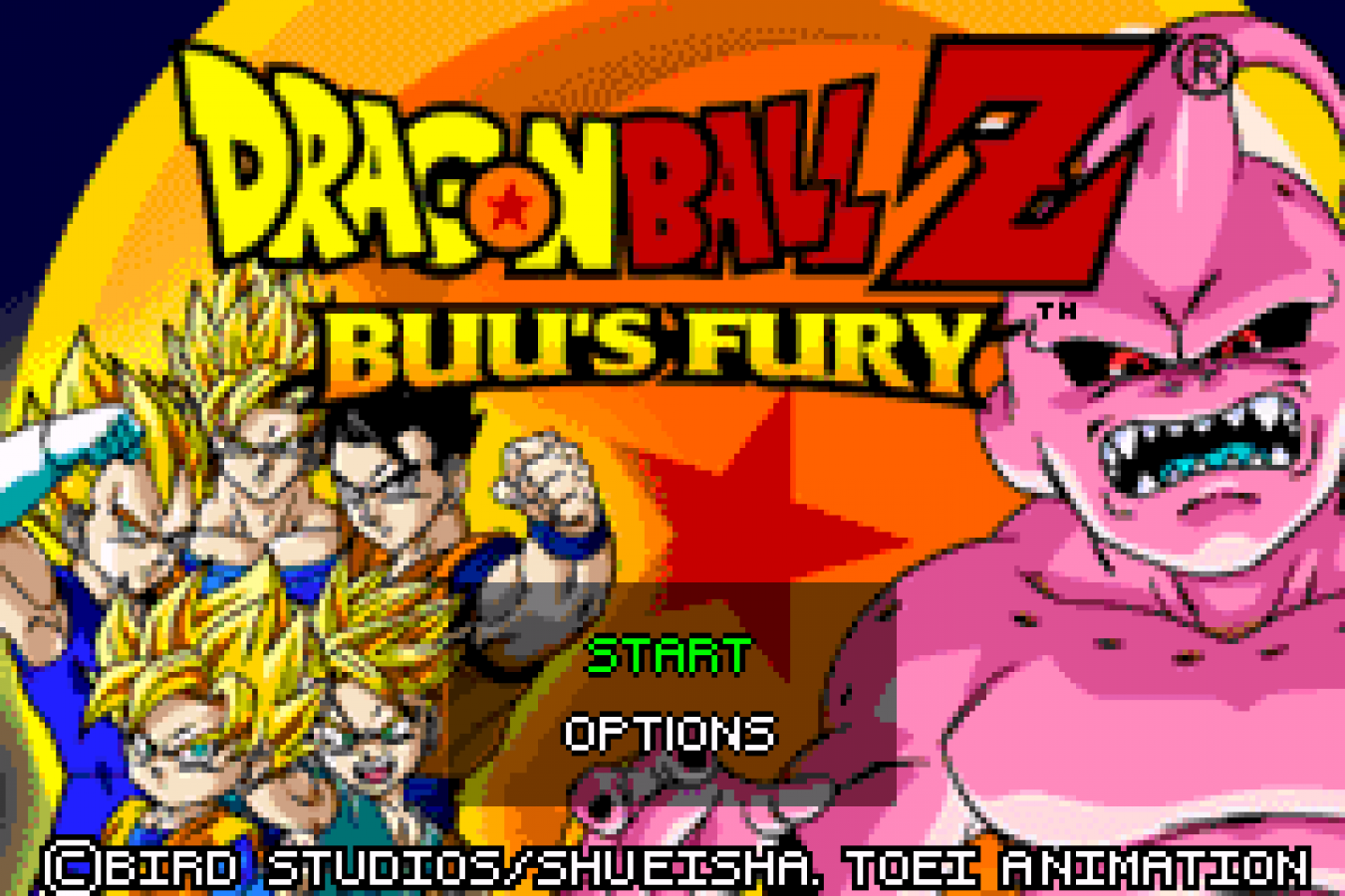 Dragon Ball Z Buu’s Fury Game Boy Advance title screen for retro video game featuring action RPG gameplay, fast paced martial arts combat, iconic Dragon Ball Z characters, story based progression through the Buu saga, special attacks and transformations, and portable handheld fighting adventure on GBA system