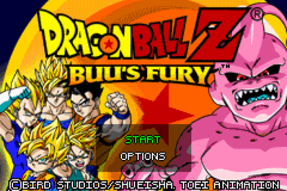 Dragon Ball Z Buu’s Fury Game Boy Advance title screen for retro video game featuring action RPG gameplay, fast paced martial arts combat, iconic Dragon Ball Z characters, story based progression through the Buu saga, special attacks and transformations, and portable handheld fighting adventure on GBA system
