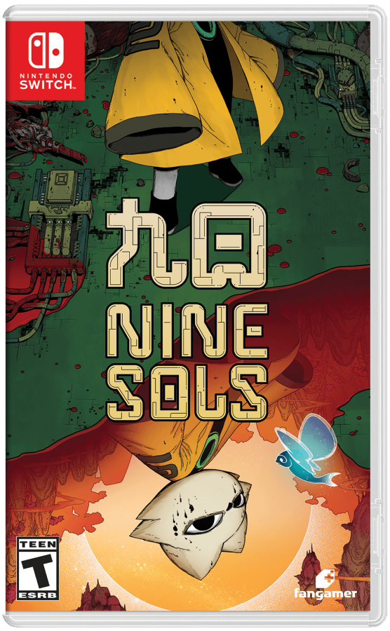 Nine Sols Nintendo Switch inspired design featuring hand drawn action platform adventure aesthetic futuristic Taopunk world precise combat challenging boss battles mystical sci fi mythology atmospheric exploration metroidvania gameplay presentation front cover