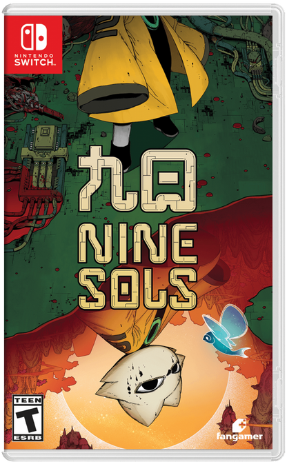 Nine Sols Nintendo Switch inspired design featuring hand drawn action platform adventure aesthetic futuristic Taopunk world precise combat challenging boss battles mystical sci fi mythology atmospheric exploration metroidvania gameplay presentation front cover