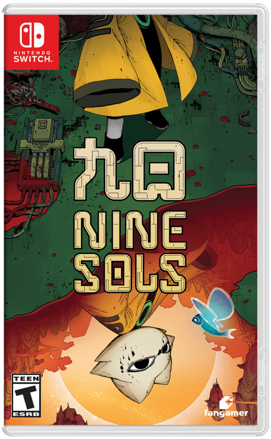 Nine Sols Nintendo Switch inspired design featuring hand drawn action platform adventure aesthetic futuristic Taopunk world precise combat challenging boss battles mystical sci fi mythology atmospheric exploration metroidvania gameplay presentation front cover