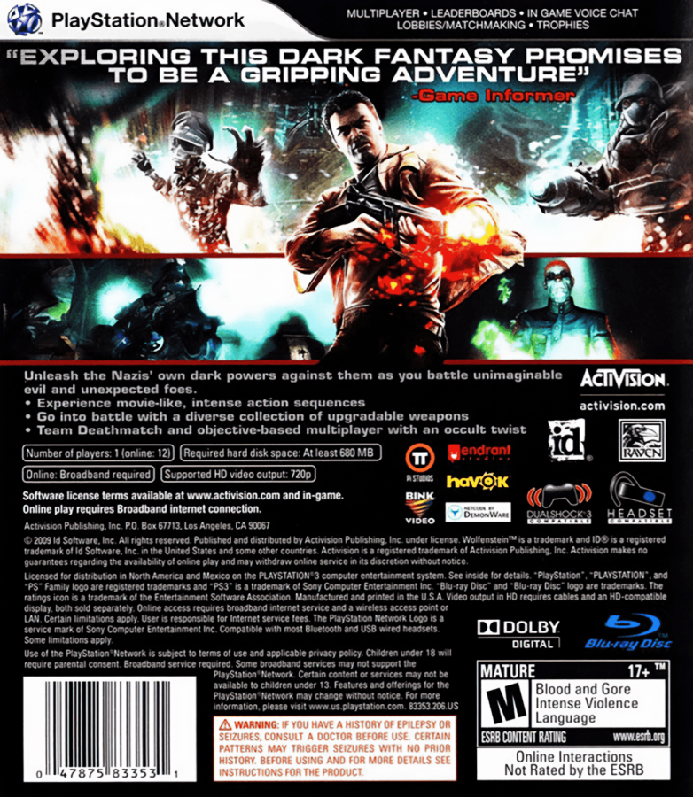 Wolfenstein back cover art for PlayStation 3 (PS3) video game