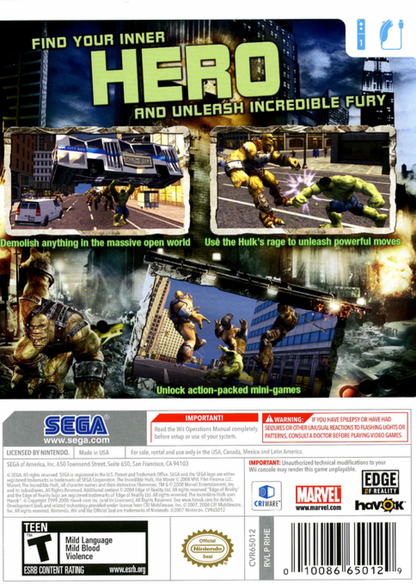 The Incredible Hulk Nintendo Wii for retro video game enthusiasts featuring action adventure gameplay open world destruction combat superhuman strength mechanics environmental smashing missions Marvel superhero storyline and collectible gaming appeal back cover