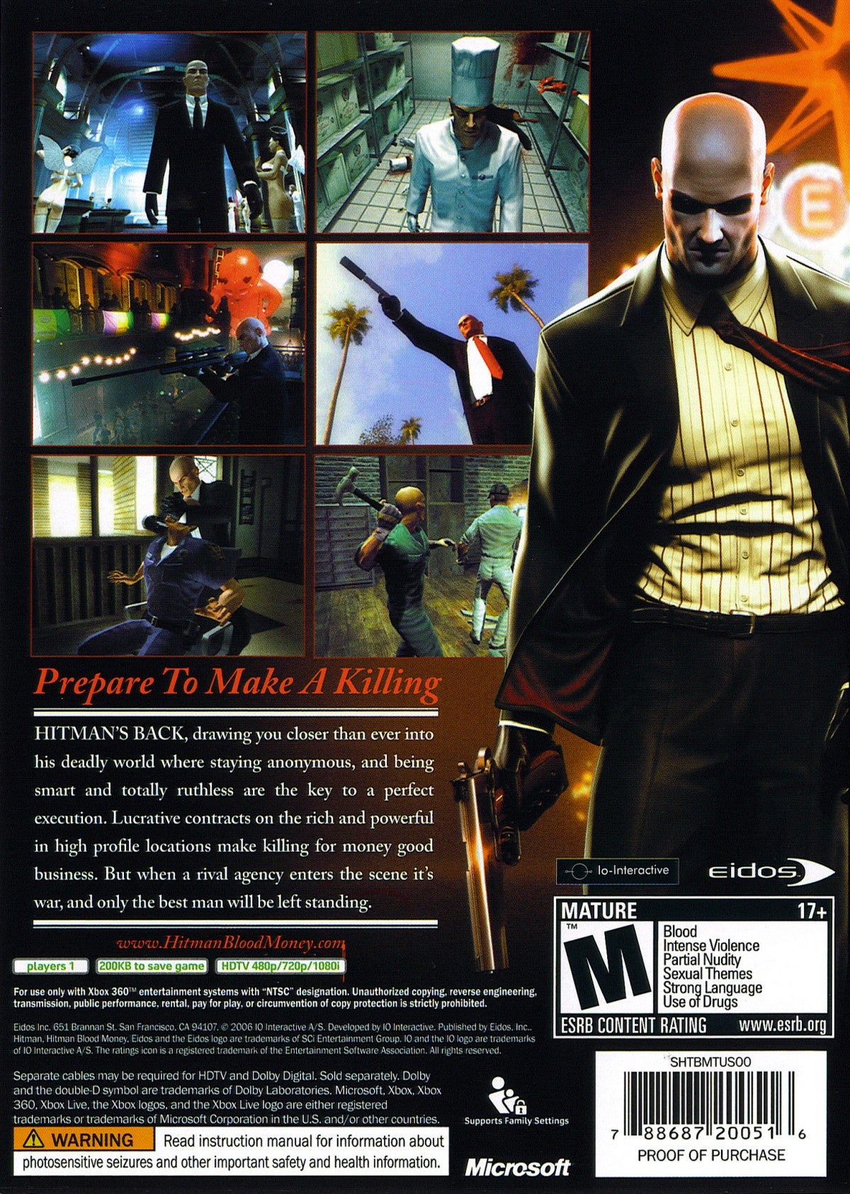 Retro Hitman Blood Money Xbox 360 inspired design featuring stealth assassination action aesthetic vintage HD era tactical disguise gameplay silent eliminations sandbox level design Agent 47 professional contract killing cinematic espionage atmosphere nostalgic stealth shooter presentation back art 