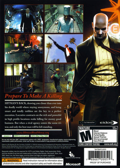 Retro Hitman Blood Money Xbox 360 inspired design featuring stealth assassination action aesthetic vintage HD era tactical disguise gameplay silent eliminations sandbox level design Agent 47 professional contract killing cinematic espionage atmosphere nostalgic stealth shooter presentation back art 