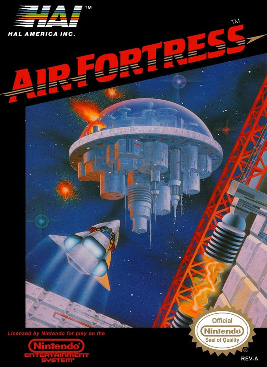 Air Fortress Complete in Box CIB Nintendo Entertainment System NES for retro video game enthusiasts featuring action shooter gameplay side scrolling space combat fortress infiltration maze exploration futuristic weapons challenging missions complete in box collectible gaming appeal front cover