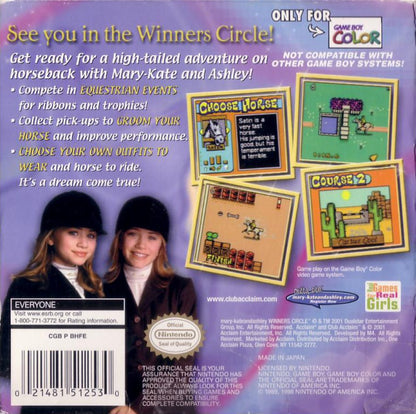 Mary-Kate and Ashley Winners Circle for Game Boy Color, back of case for a sports simulation video game with horse riding gameplay, competition events, training challenges, and casual adventure activities