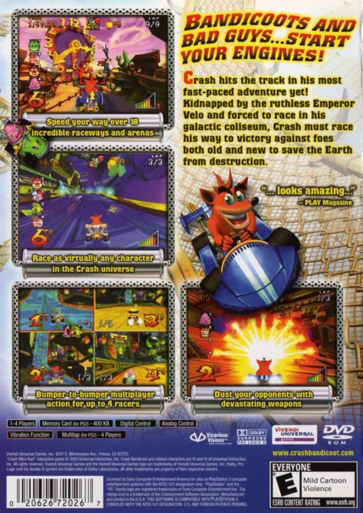 Crash Nitro Kart Greatest Hits for PlayStation 2 with kart racing and colorful platform-themed tracks back cover art