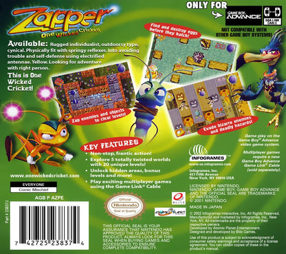 Zapper for Game Boy Advance, back of case for an action platformer video game with arcade-style gameplay, obstacle navigation, bug-themed levels, and fast-paced challenges
