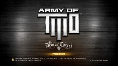 Army of Two The Devil's Cartel PlayStation 3 PS3 for third person shooter video game fans featuring cooperative combat tactical teamwork intense gunfights weapon customization explosive environments enemy encounters and action packed missions with two player gameplay collectible Sony PlayStation gaming appeal title screen