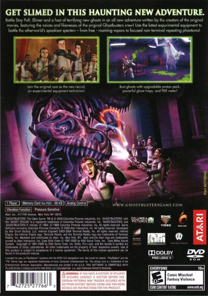 Ghostbusters: The Video Game for PlayStation 2 action adventure game featuring proton pack ghost hunting supernatural enemies campaign mode based on the Ghostbusters film franchise back cover