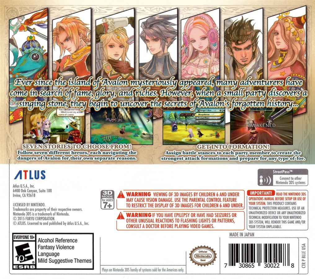 The Legend of Legacy Launch Edition Nintendo 3DS 3DS for role playing video game fans featuring turn based combat character progression elemental spirits fantasy exploration map discovery challenging battles strategic gameplay multiple playable heroes and Launch Edition collectible content gaming appeal back cover art