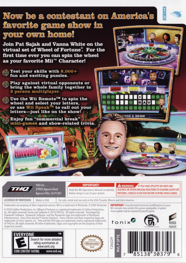 Wheel of Fortune back cover art for Nintendo Wii (Wii) featuring the classic TV game show experience with puzzle‑solving, spinning the wheel, and multiplayer competition.