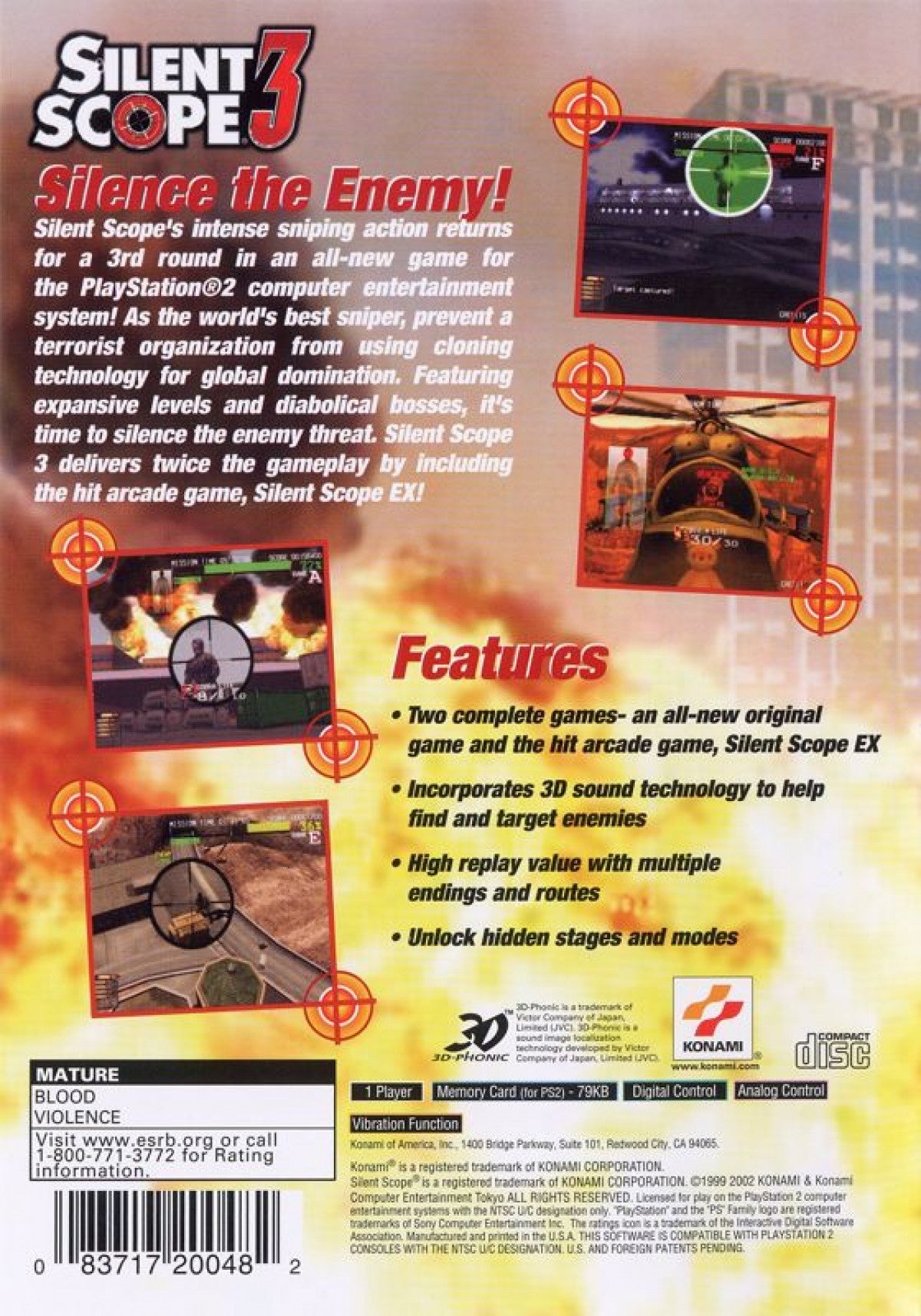 Silent Scope 3 – PlayStation 2 (PS2) video game back of case, arcade-style light-gun shooter.