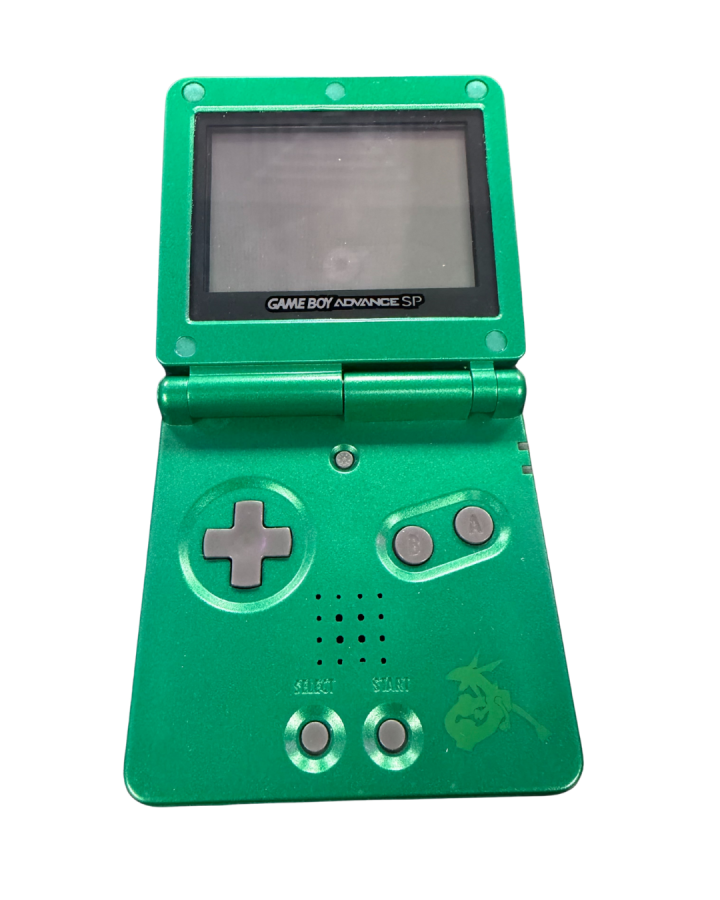 Rayquaza custom shell Game Boy Advance SP handheld console featuring vibrant green Pokémon themed housing detailed legendary dragon artwork and unique modded retro gaming collector design open view of screen