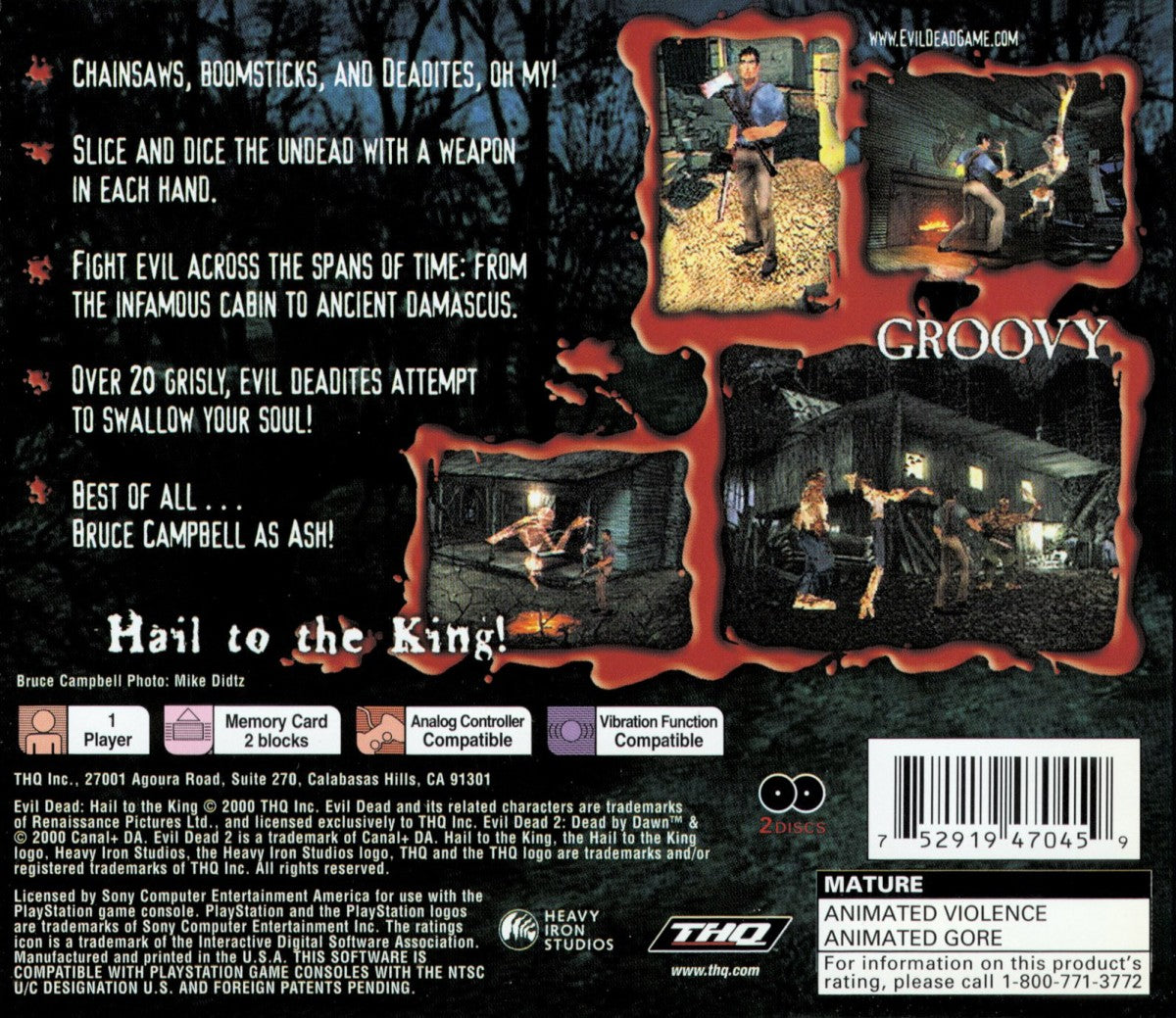 Evil Dead Hail to the King PlayStation 1 PS1 for retro video game enthusiasts featuring survival horror gameplay zombie and undead combat cinematic action adventure puzzle solving spooky environments cult horror atmosphere and collectible gaming appeal back cover  