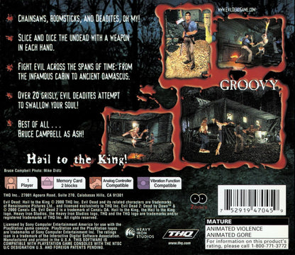 Evil Dead Hail to the King PlayStation 1 PS1 for retro video game enthusiasts featuring survival horror gameplay zombie and undead combat cinematic action adventure puzzle solving spooky environments cult horror atmosphere and collectible gaming appeal back cover  