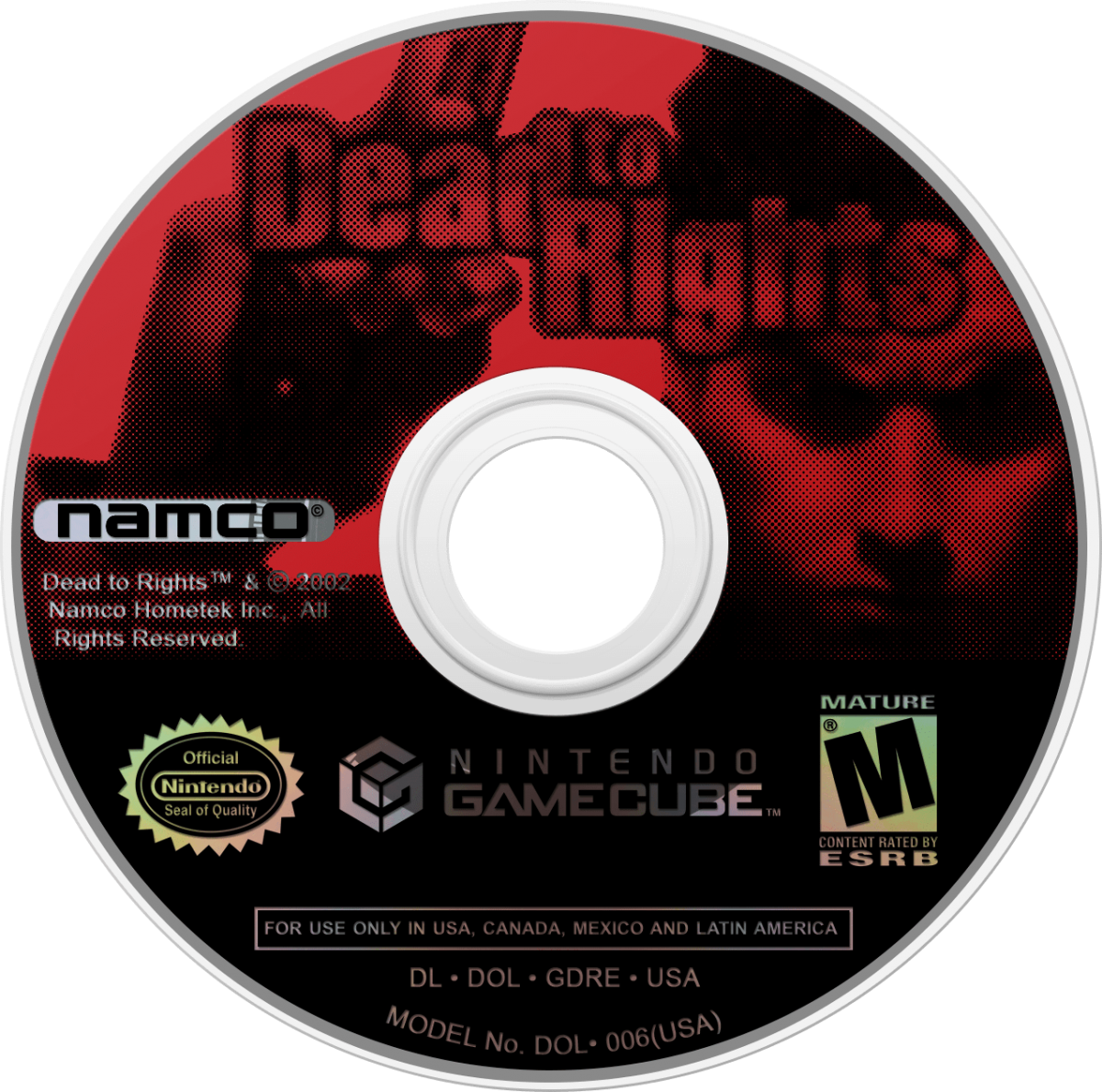 Dead to Rights for Nintendo GameCube (GC) at Gamers INC, featuring the gritty, noir-inspired action thriller where you play as framed cop Jack Slate, fighting through a corrupt city with the help of your K-9 partner Shadow to clear your name, utilizing cinematic "bullet time" slow-motion, brutal disarms, and intense gunplay in a hard-boiled tale of revenge and justice disc