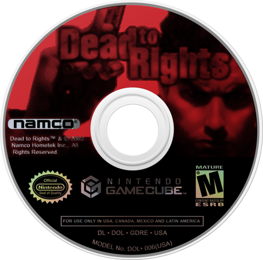 Dead to Rights for Nintendo GameCube (GC) at Gamers INC, featuring the gritty, noir-inspired action thriller where you play as framed cop Jack Slate, fighting through a corrupt city with the help of your K-9 partner Shadow to clear your name, utilizing cinematic "bullet time" slow-motion, brutal disarms, and intense gunplay in a hard-boiled tale of revenge and justice disc